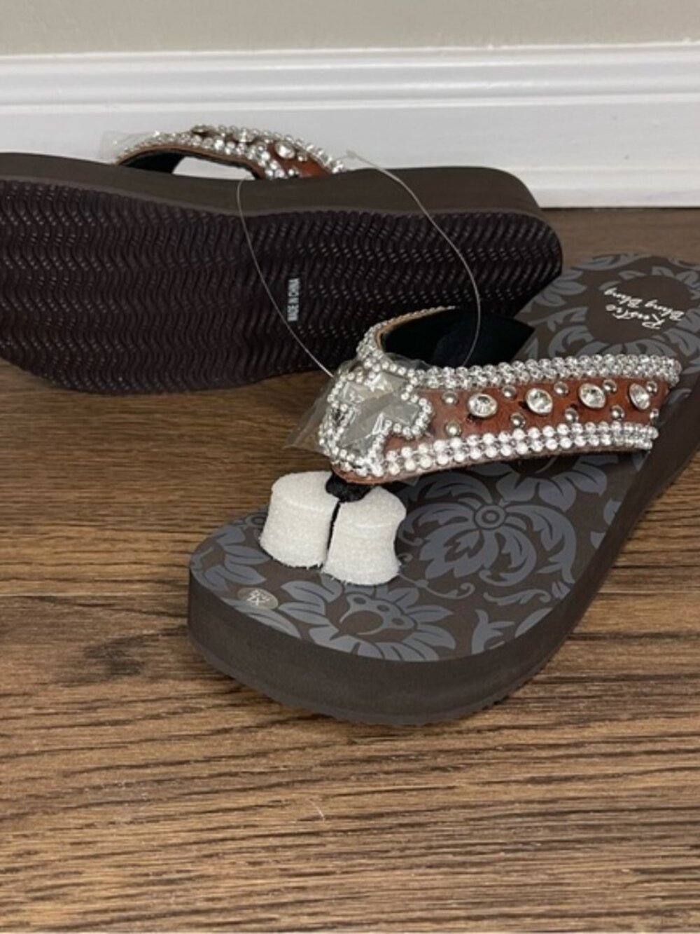Rustic Bling Bling Wedge Flip Flops Brown Rhinestone Sandals XL- Brand New